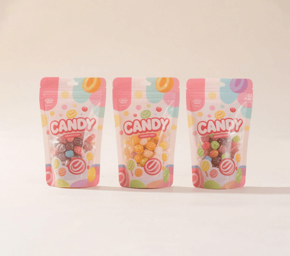 Side view of candy bag packaging